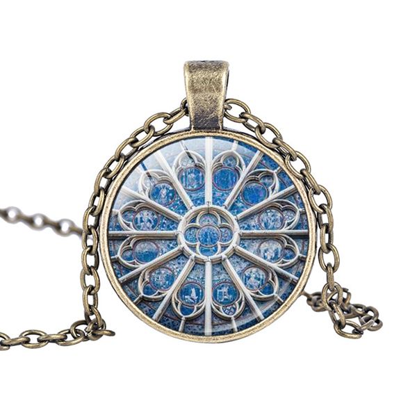 

10pcs/lots Round Flower window glass pendant necklace Notre Dame Cathedral necklace jewelry Cultural and artistic commemorative gifts