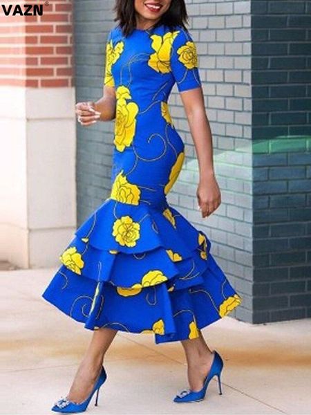 

vazn 2020 new high-end fresh clear print mature age overalls daily untidy short sleeve women high waist mermaid maxi dress, Black;pink