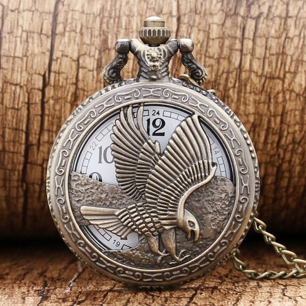 

2016 new bronze hollow eagle quartz pocket watch pendant necklace for men lady women' day gift, Slivery;golden