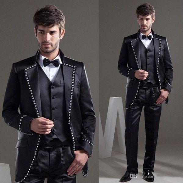 

jazz black mens suits for groom tuxedos 2020 beaded lapel slim fit blazer three pieces jacket pants man tailor custom made, Black;gray