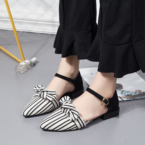 

elegant bow 2018 summer new style artistic stripes closed-toe side cutouts straight-line buckle women's shoes mary jane women's, Black