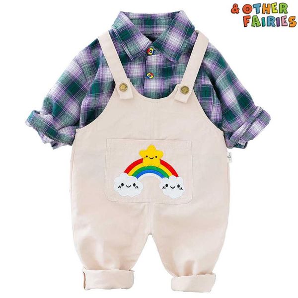 

rainbow cloud bib pants suit baby boys clothes two piece cotton set boys new classic plaid print casual sports baby suit, White