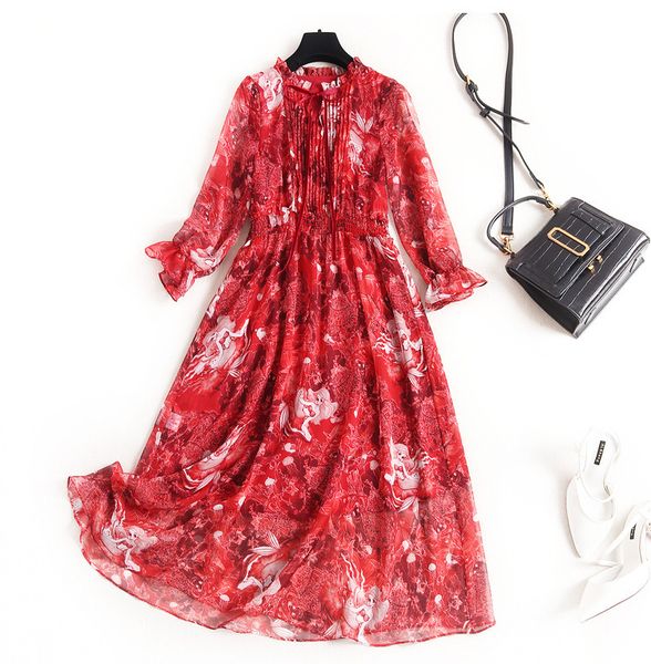 

printed chiffon dress 2020 spring crew neck high waist bow raglan sleeves waist long skirt fashion vintage clothes new, Black;gray