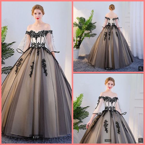 

2019 vestido de festa champagne black lace appliques ball gown prom dress off the shoulder 3/4 sleeve corset quinceanera prom gowns