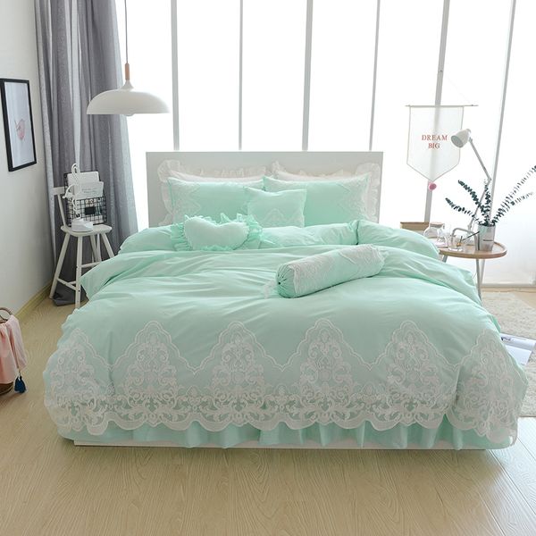 Blue Grey Cotton Lace Princess Style Bedding Set Twin Queen King