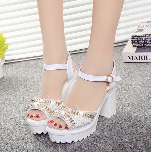 

2019 new style man-made diamond open-toed shoes platform thick bottomed korean-style waterproof platform high-heel a- line buckl, Black