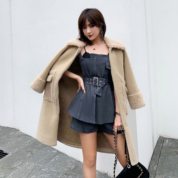 

frseucag new velvet long coat female lapel full sleeve zipper loose warm wool coat popular in europe and america, Black