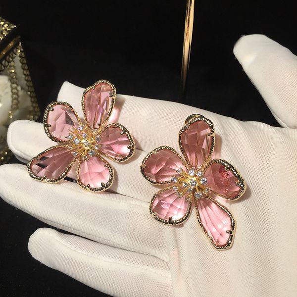 

fashion glass pink flower big earring with english lock on back, Golden;silver
