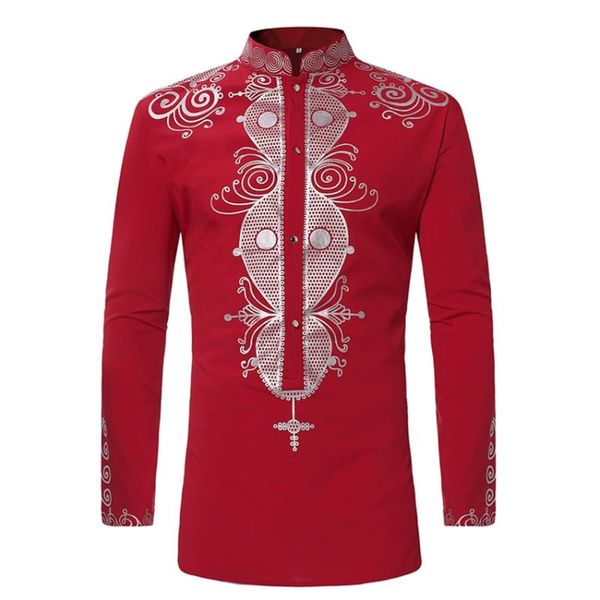 

african print rich bazin men' shirt 2019 new africa outfits long sleeve dashiki dress for man stand collar shirt clothes, Red