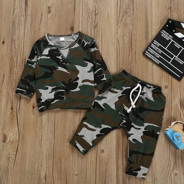 

2pcs children boys clothing sets kids clothes baby boy long sleeve t shirt +camouflage pants outfits autumn toddler clothes, White