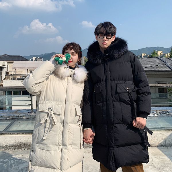 

winter long coat men's warm thick fashion parka men solid color hooded coat man wild loose cotton couple jacket male clothes, Black
