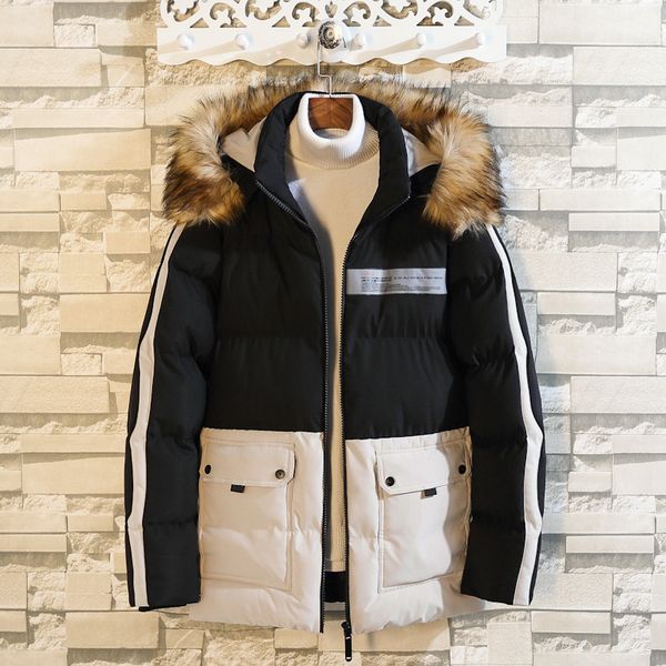 

plus 10xl 8xl men winter faux fur collar thick cotton parkas jacket coat men hooded pockets outwear windproof jacket parka, Black