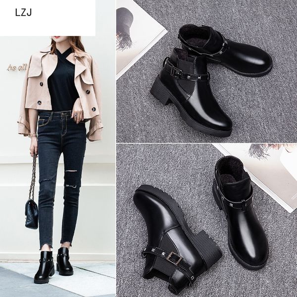 

lzj snow boots 2019 classic heels suede women winter boots warm fur plush insole ankle women shoes lace-up shoes, Black