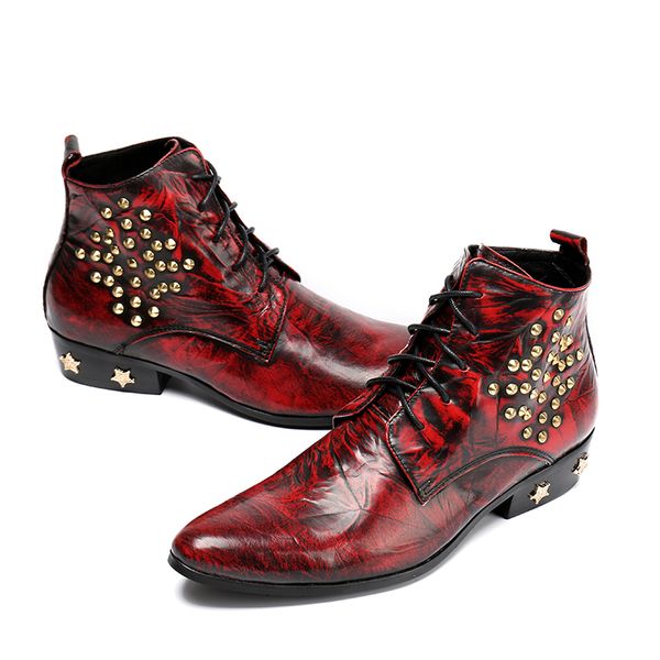 

studded man lace up boots 2018 autumn winter real leather italy fashion motorcycle boots ankle shoes sapatos hombre, Black