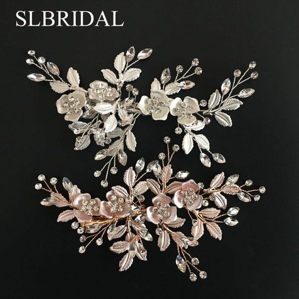 

slbridal alloy rose gold austrian crystals rhinestones flower leaf wedding hair clip barrettes bridal headpiece hair accessories, Golden;white