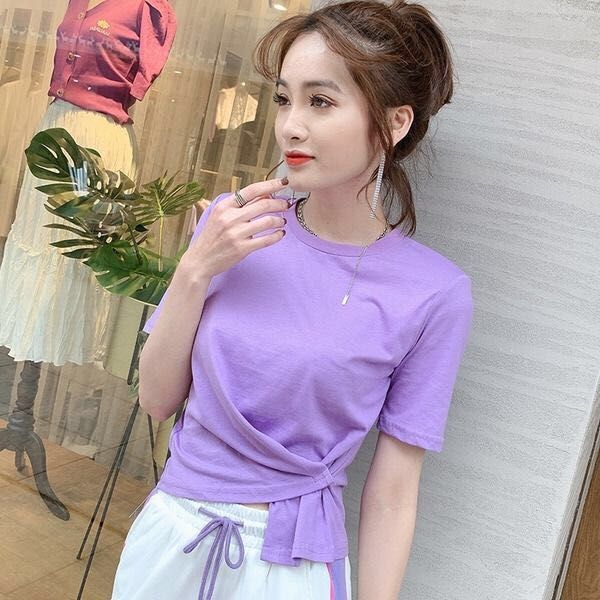 

tileewon summer girls t-shirt solid color casual joker t-shirt short style o-neck, White