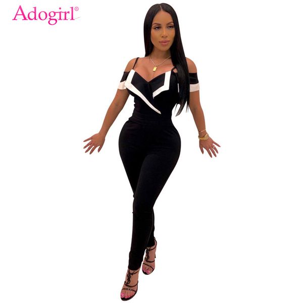 

adogirl color patchwork folded spaghetti straps jumpsuit women v neck off shoulder short sleeve skinny romper overalls, Black;white