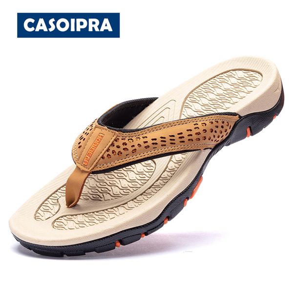 

casoipra genuine leather flip flops men plus size 40-48 mens beach slippers outdoor summer sliders shoes sandals men, Black