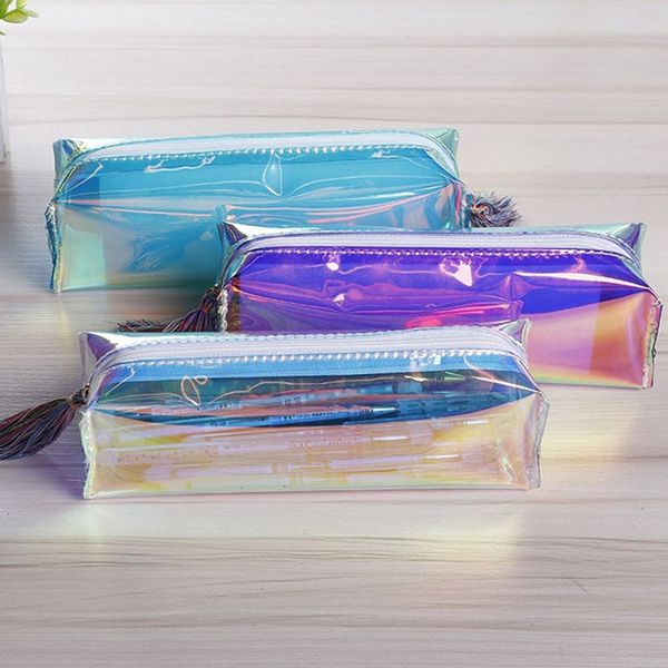 

laser tassel pvc pencil case large capacity school student pencil bag cosmetic bag pouch cute pen box school stationery