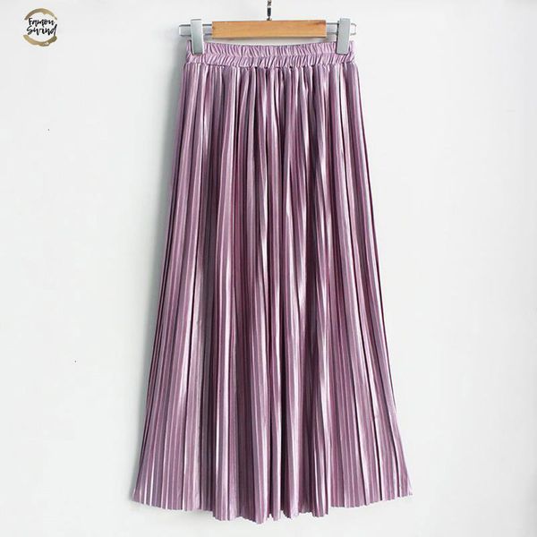 

2019 new fashion summer pleated ankle-length maxi skirt long vintage women metallic skirt good quality drop shipping, Black