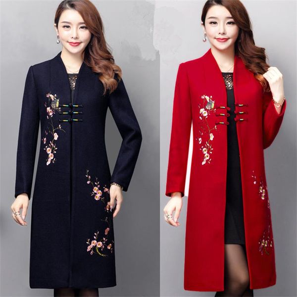

women's spring and autumn and winter models slim slim fashion woolen coat female embroidered coat, Black