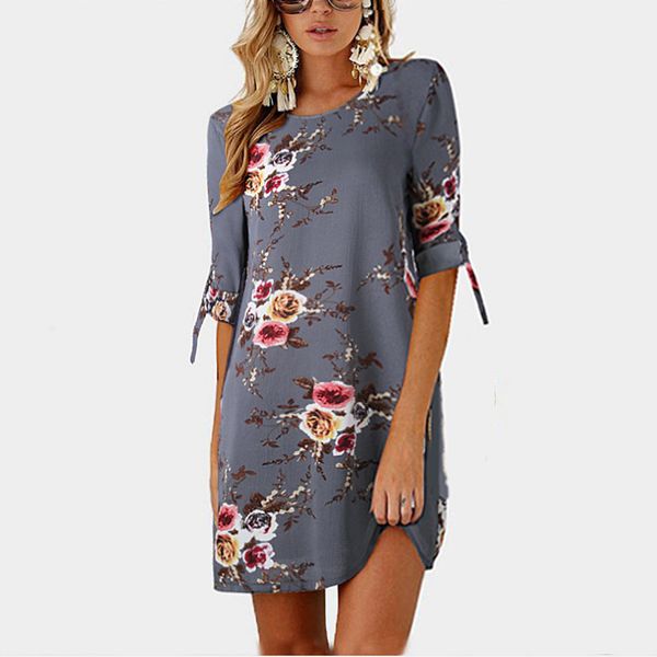 

floral printed summer beach dress women o-neck lace up half sleeve dress plus size loose casual mini black red vestidos, Black;gray