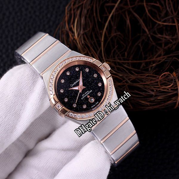 

27mm co-axial 123.25.27.20.53.001 swiss quartz womens watch two tone rose gold diamond bezel black starry sky dial watches hi_watch h05c3, Slivery;brown