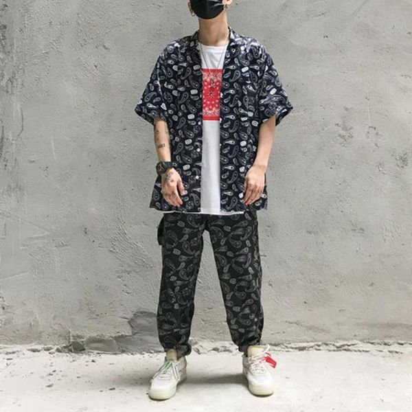 

harajuku streetwear cashew print digital beach shirt men and women loos short sleeve shirts oversize lapel hip hop shirt, White;black