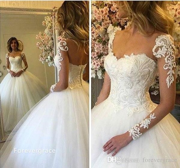 

2019 modest arabic dubai style sheer long sleeves lace wedding dress luxury ball gown turkey bridal gown custom made plus size, White