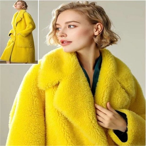 

2019 winter fashion new faux fur plush coat the long paragraph female loose yellow lamb teddy bear thick fur coat female outwear, Black