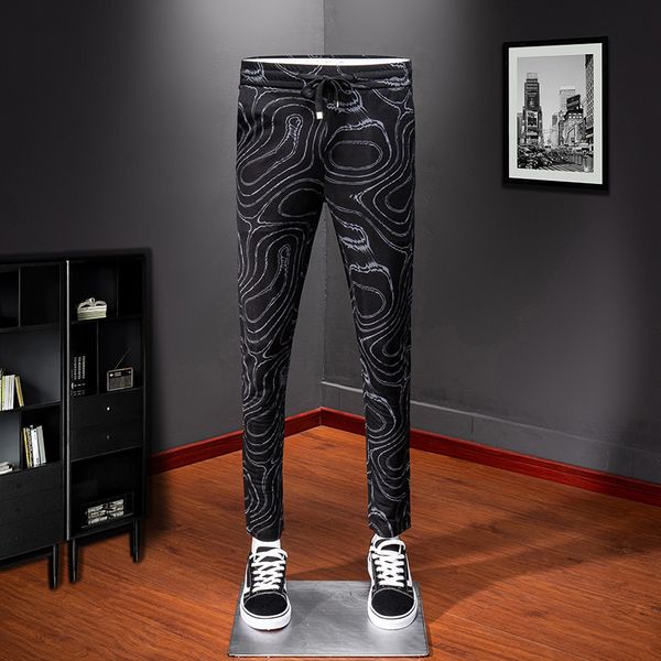 

fashion designer black men pencil pants elastic waist 3d pattern spring summer brand classic full length casual trousers 1011