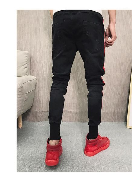 

jeans trendy men skinny elastic waist pencil pants teenager hiphop street jeans spring autumn disterressed, Blue