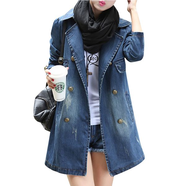 

women's denim coat double breasted long sleeve frayed denim outwear, Tan;black