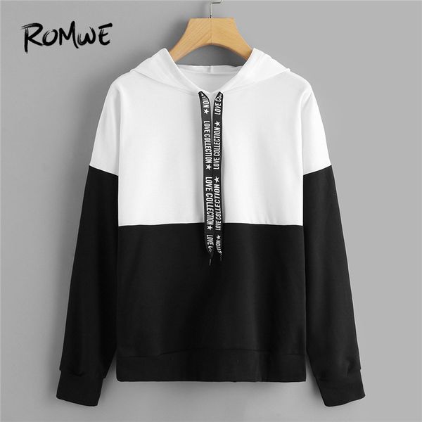 

romwe black and white letter hooded sweatshirt women casual autumn long sleeve clothing ladies spring pullovers hoodie
