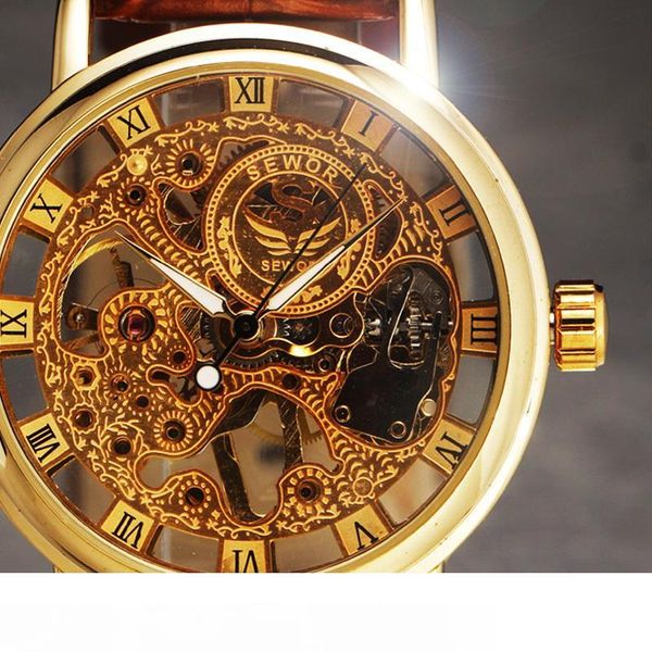 

casual new fashion sewor brand skeleton men male military army clock classic luxury gold mechanical hand wind wrist watch gift mx190724, Slivery;brown