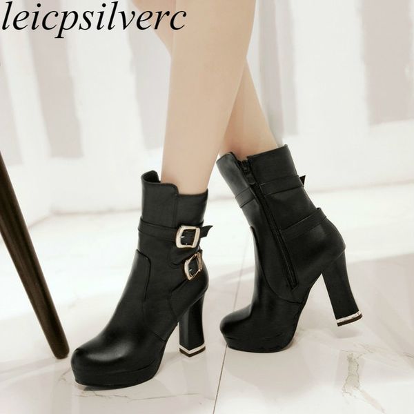 

women boots autumn winter super high heel round toe 2018 knight shoes new fashion zip buckle mid-calf motorcycle boots, Black