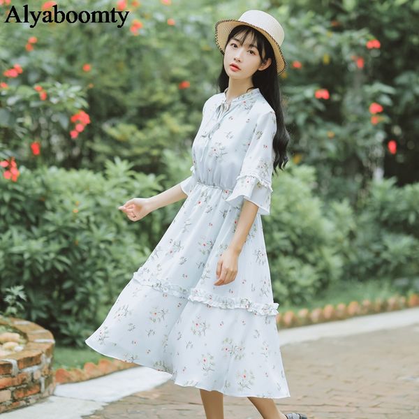 

2020 new mori girl summer women sweet dress floral printed korean chic tassel vestidos chiffon elegant ruffles party midi dress, Black;gray
