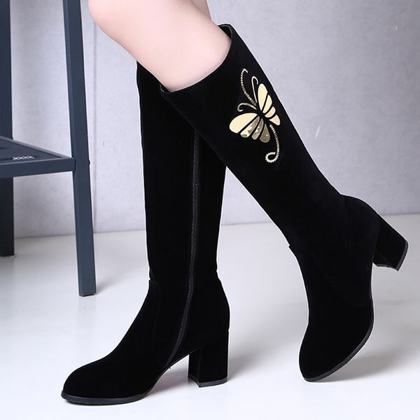 

s.romance 2018 women boots plus size 34-43 high square heels knee-high boots office ladies pumps female shoes woman black sb068
