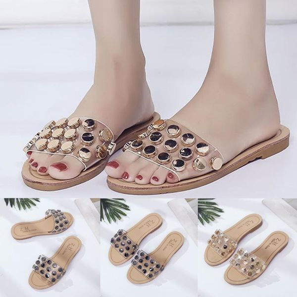 

women fashion rivets flat transparent sandals slipper open toe beach shoes, Black