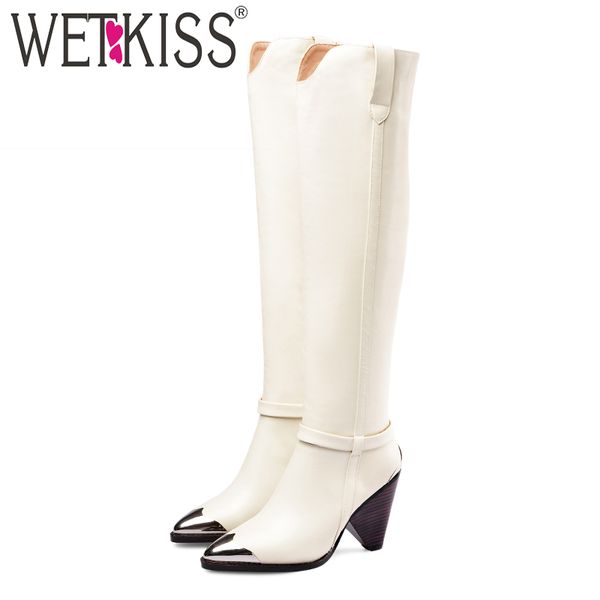 

wetkiss knee high boots women cow leather boot spike heels high shoes female pointed toe metal shoes ladies spring 2020 new, Black