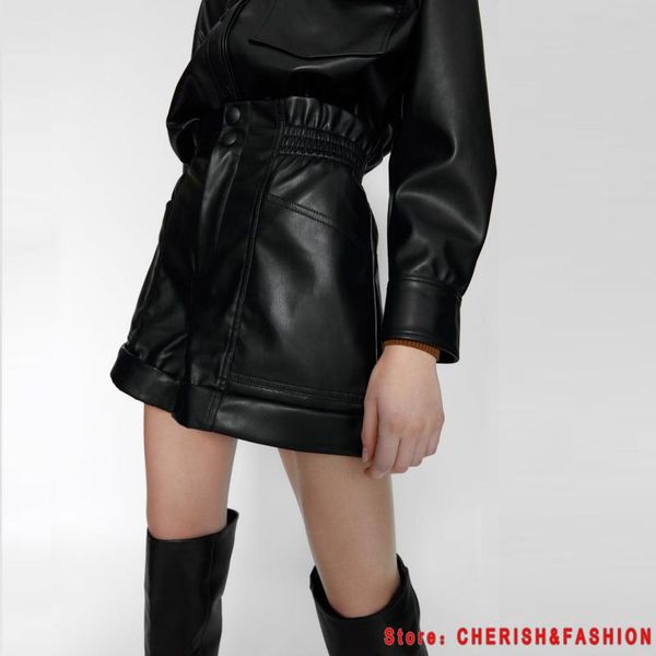 

new 2020 russia fashion leather shorts women vintage high waist elegant shorts female with pocket black, White;black