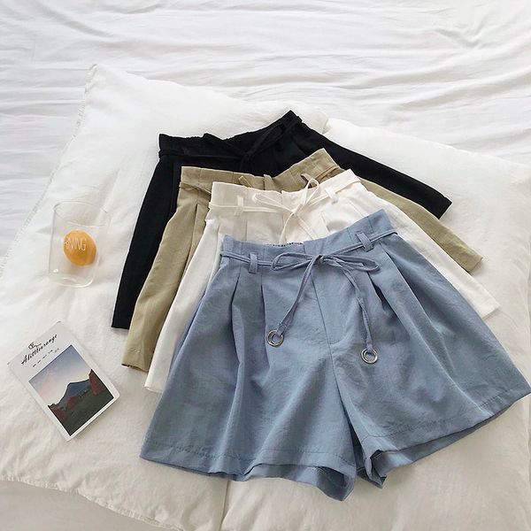 

new summer summer fashion bow sashes high waist shorts women casual slim wide leg shorts sweet solid thin drawstring, White;black