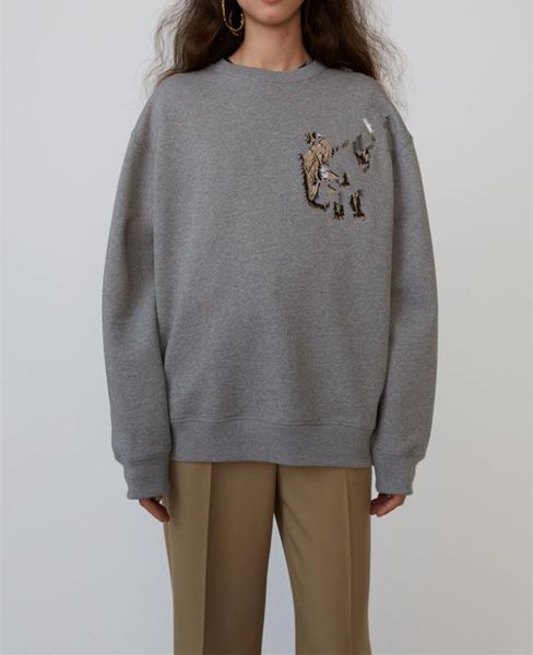 

2019 новых женщин животные вышивка толстовка с длинным рукавом o шея интересной повседневный пуловер топ осень зима женщина и мужчины, Black