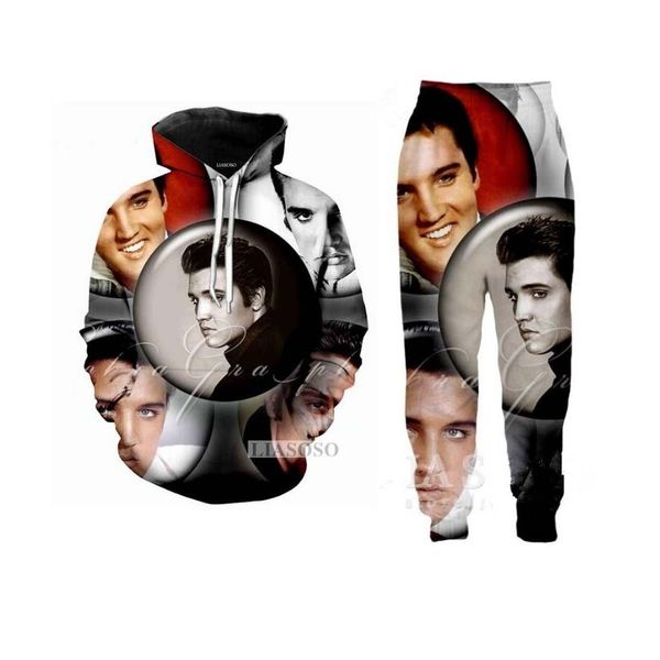 

2019 new fashion men/womens elvis presley funny 3d print hoodie+pants, Black