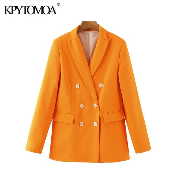 

kpytomoa women 2020 fashion office wear double breasted blazers coat vintage long sleeve pockets female outerwear chic, White;black