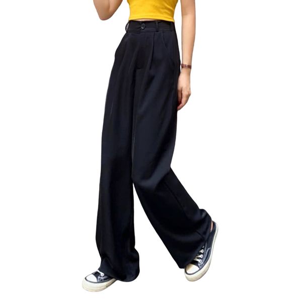 

2020 fashion long pants women casual loose high waist chic black trousers women slim work ol wide leg pants harem pants, Black;white