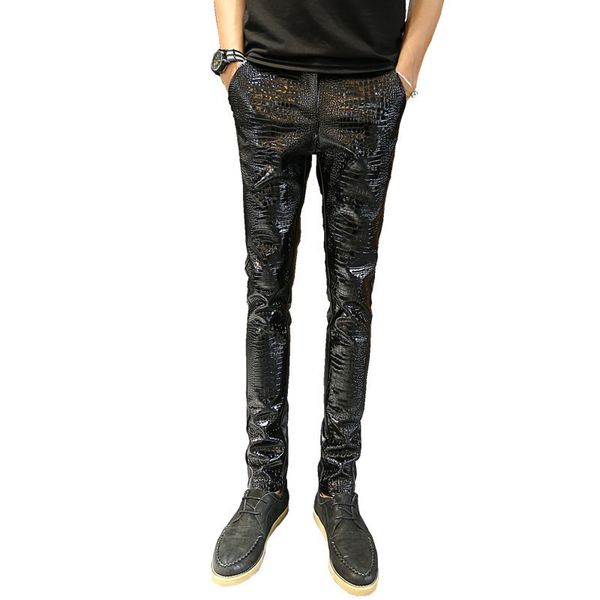 

fashion snake full length pu erkek pantolon punk men slim fit trousers motorcycle skinny faux leather pencil pants, Black