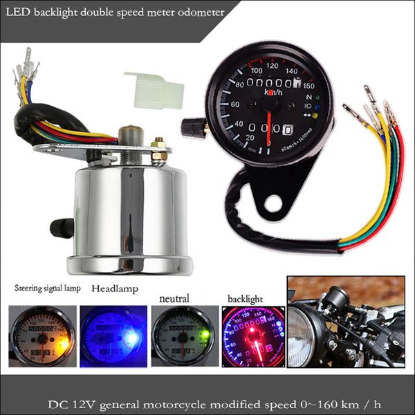 

motorcycle dual odometer kmh speedometer gauge led backlight 12v indicator light (head lamp, neutral lamp, turn signal light) - black
