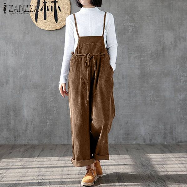 

zanzea women suspender rompers overalls 2020 vintage corduroy jumpsuits playsuits pockets wide leg pants combinaison oversized 7, Black;white