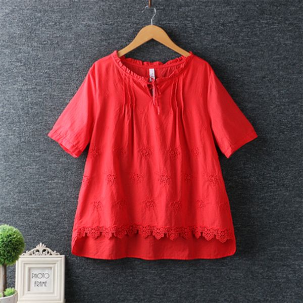 

2020 new summer dress sweet small fresh water-soluble embroidery pullover shirt short-sleeved cotton and linen loose shirt women, White